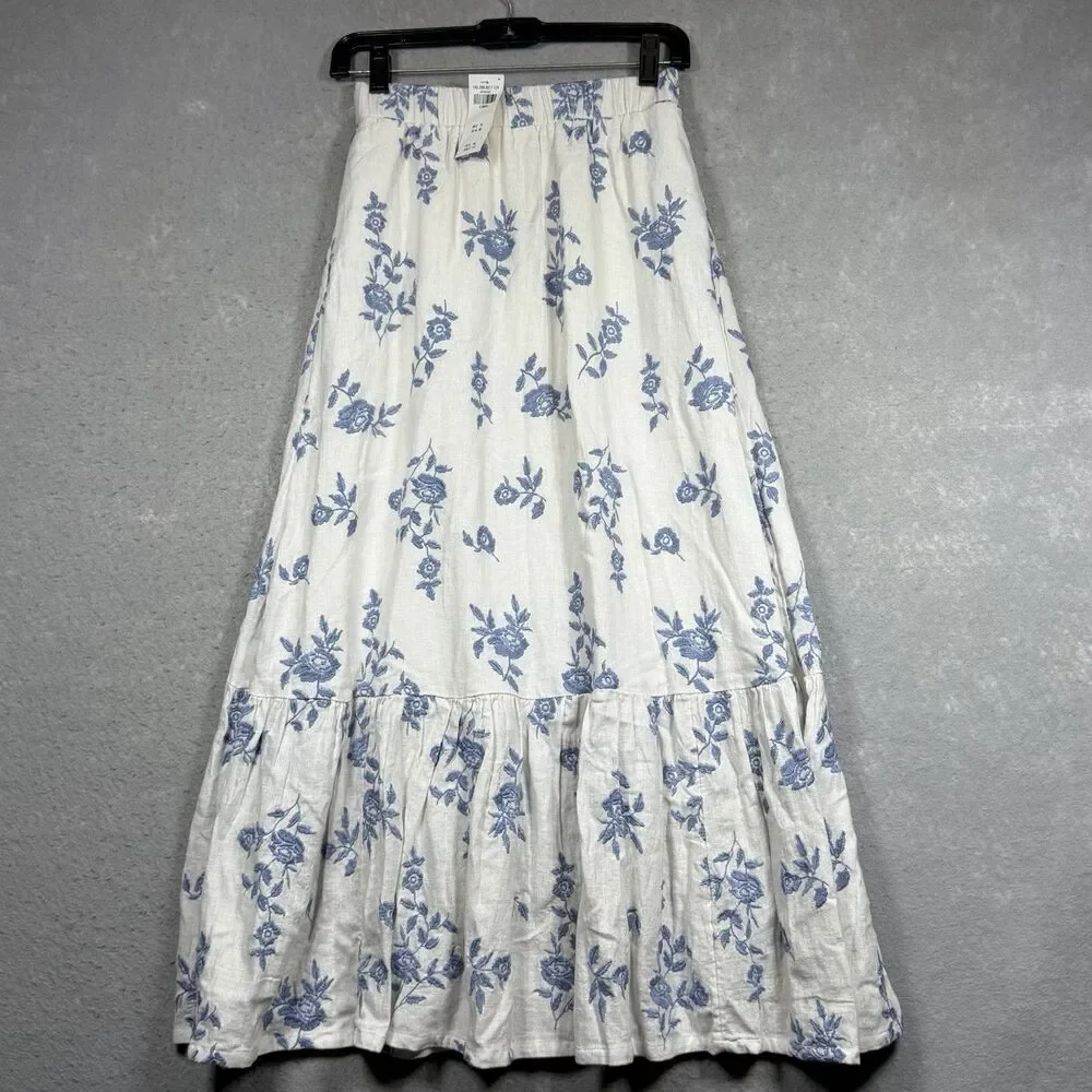 Abercrombie Linen Blend Floral Tiered Maxi Skirt Womens XS Blue White Boho Beach